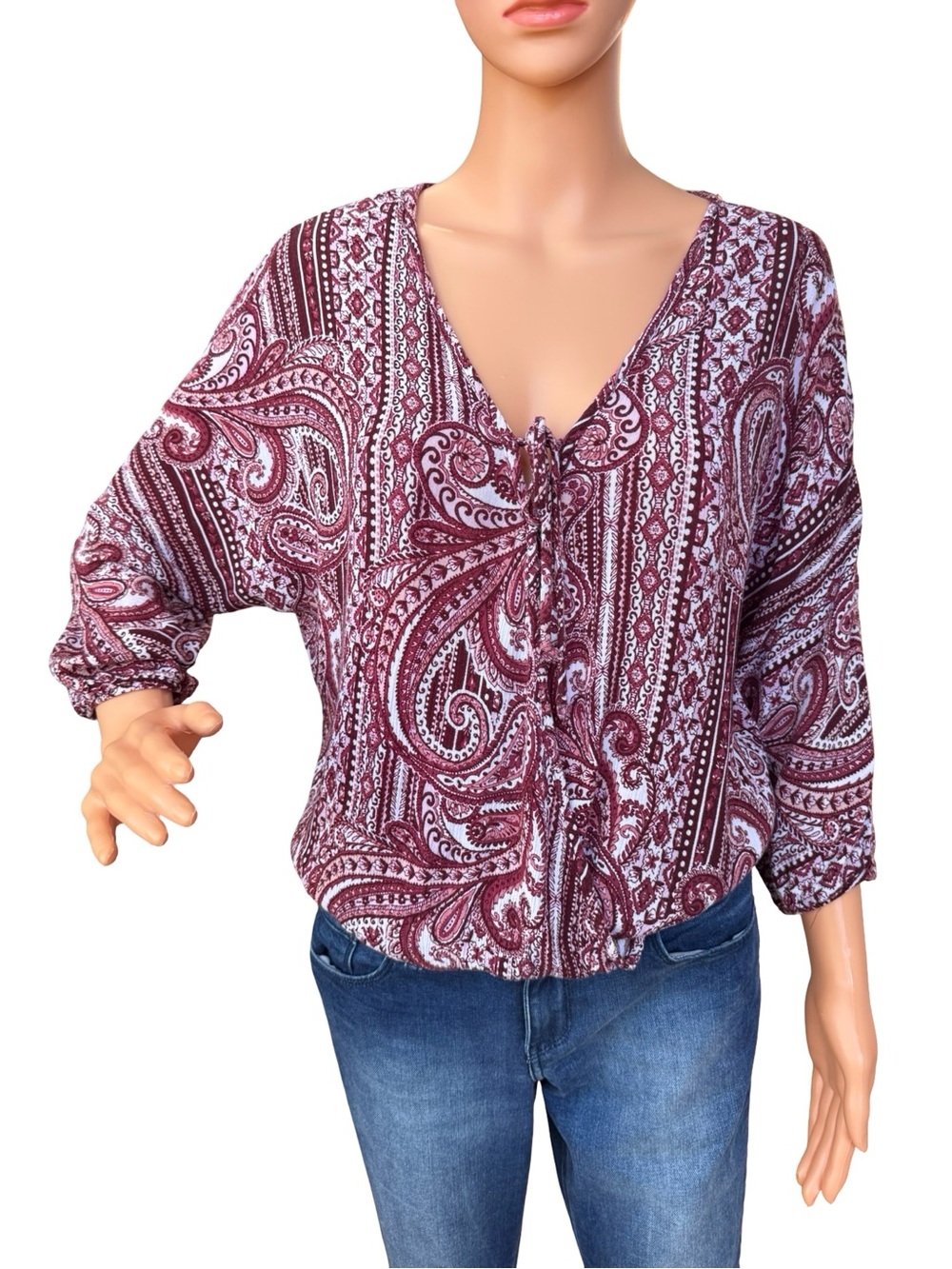 Charlotte Russe Burgundy Paisley Tie-Front V-Neck Blouse